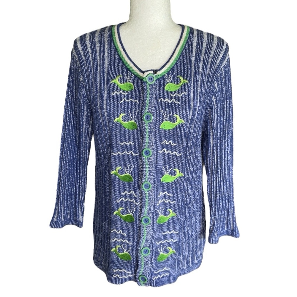 Storybook Knits Vintage Whale Of A Day Embroidered Blue Green Beaded Cardigan  S